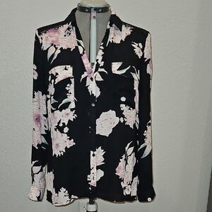 Candie's Black and Pink Floral Button Down Shirt